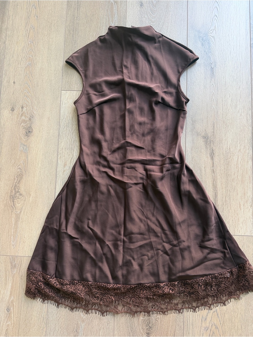 Sleeveless Brown Mini Dress with Lace Hem